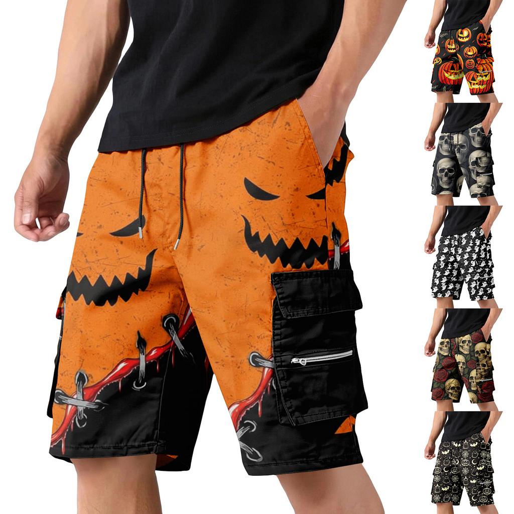 Pantaloncini Cargo da Uomo con Coulisse in Vita e Tasche con Stampa Teschio e Rosa Tema Halloween Vestibilità Larga Stile Streetwear