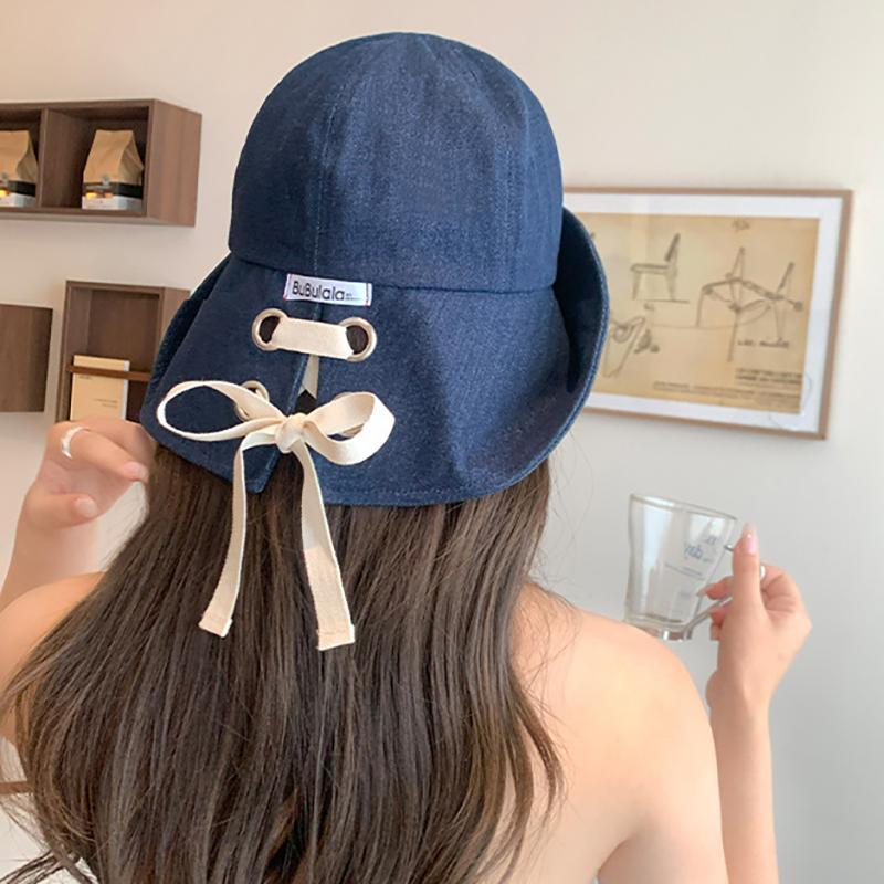 Korean Style Denim Fishing Cap Large Brim Foldable Bow Tie Hat Face Slimming Fashionable Sun Protection Retro Bucket Hat