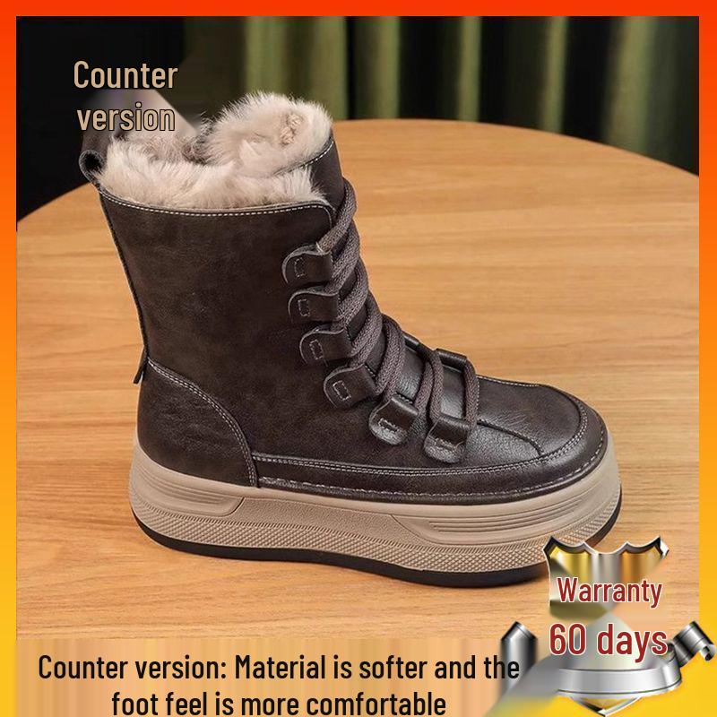 Winter 2025 Women's Mid-Calf Leather and Fur Snow Boots with Thick Soles and Warm Velvet Lining