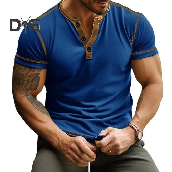 Camiseta de verano para hombre Color a juego Slim Fit Botón Cuello en V Elástico Suave Transpirable Jersey informal Manga corta Longitud media Top diario