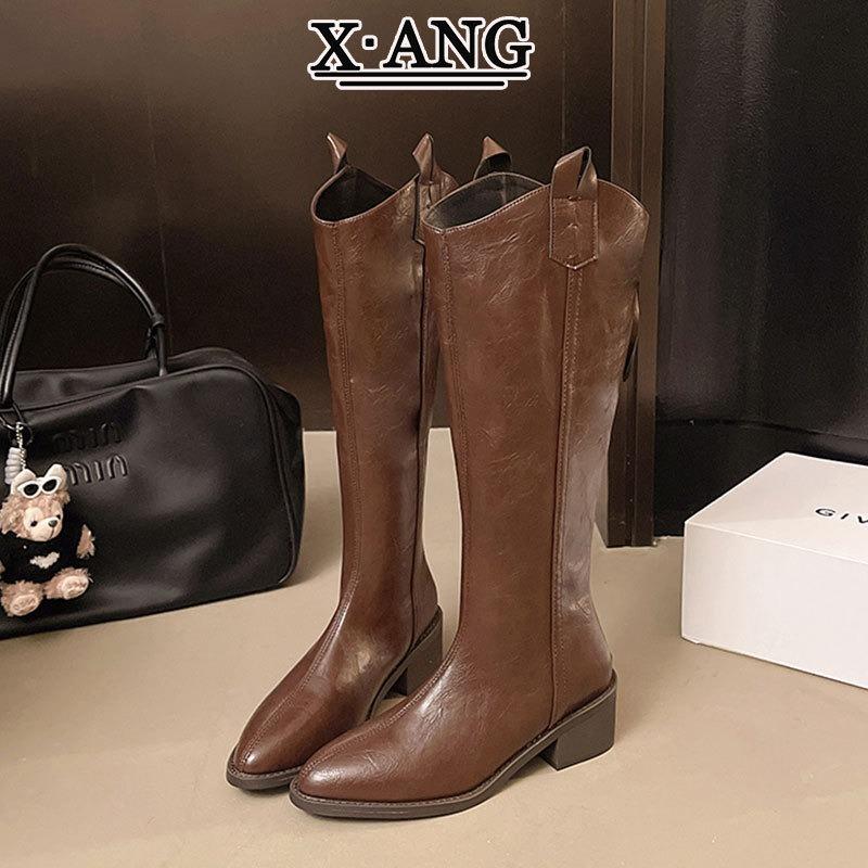 

Cowhide version brown big tube circumferential boots women s thin boots but knee high boots pointed thick heel knight boots 40