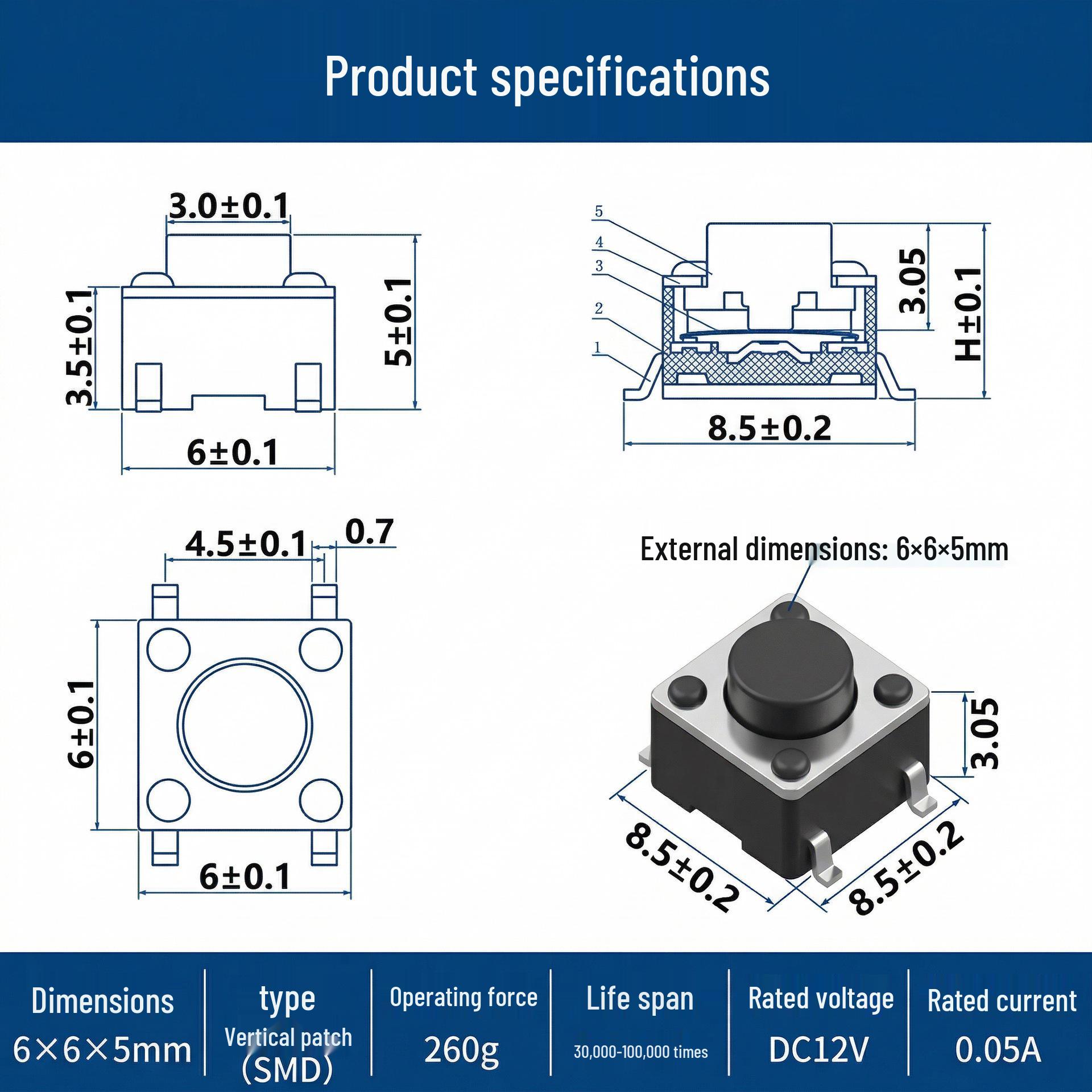 

6x6x5mm Vertical SMD Tactile Mini Switch Button Keypad