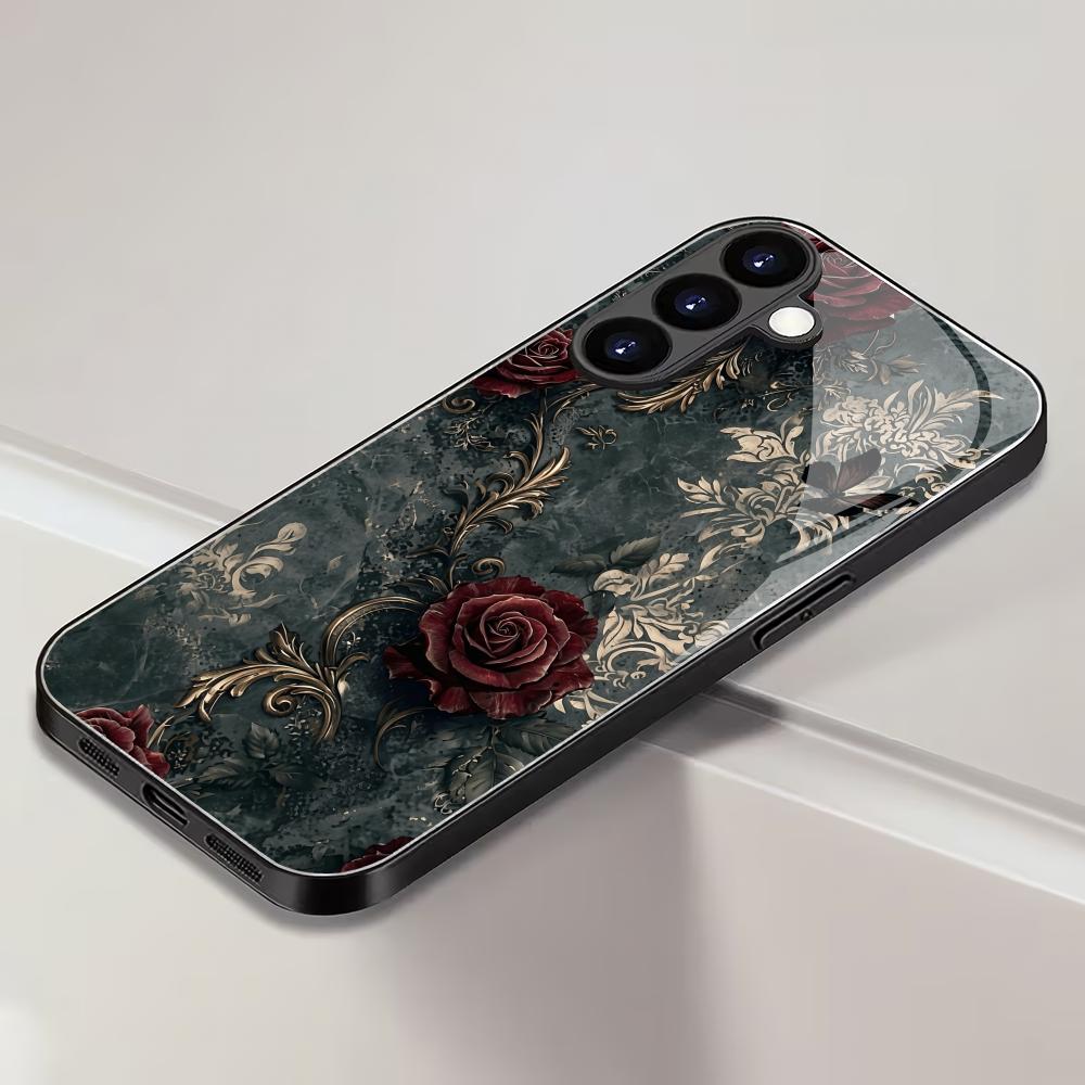 Retro Black Rose Tempered Glass Phone Case Suitable for Samsung Galaxy S26 S25 S24 S23 S22 S21 S20 FE/Ultra/Plus Anti Drop
