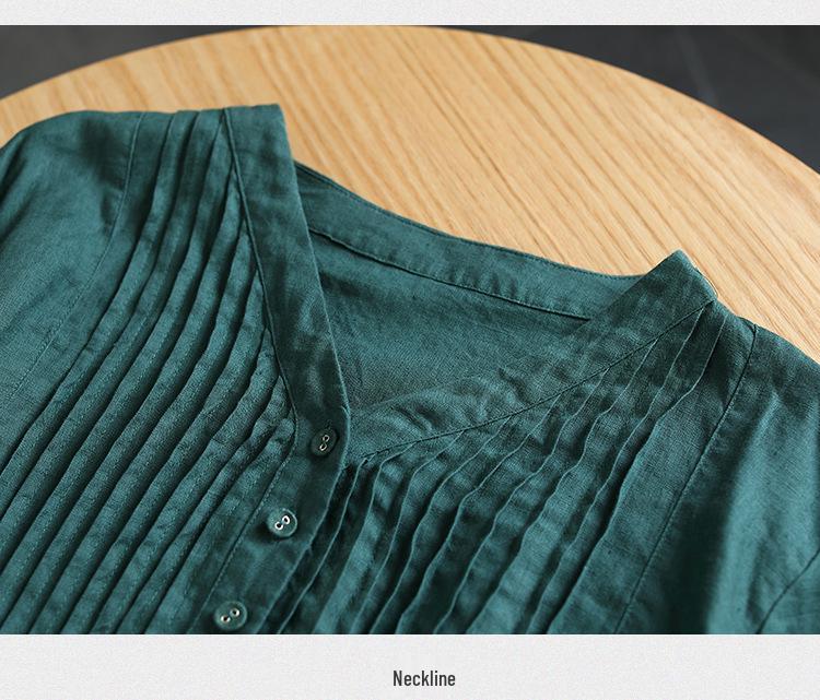 Women's Artistic Retro V-Neck Cotton Linen Dress – Single-Breasted, Casual, Five-Sleeve, Loose Fit for Summer 2025.