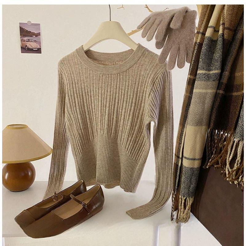 

Slim-fit crew neck bottoming shirt for women s spring and autumn new sweater with long-sleeved women s solid-color knitted sweater top for women One Size