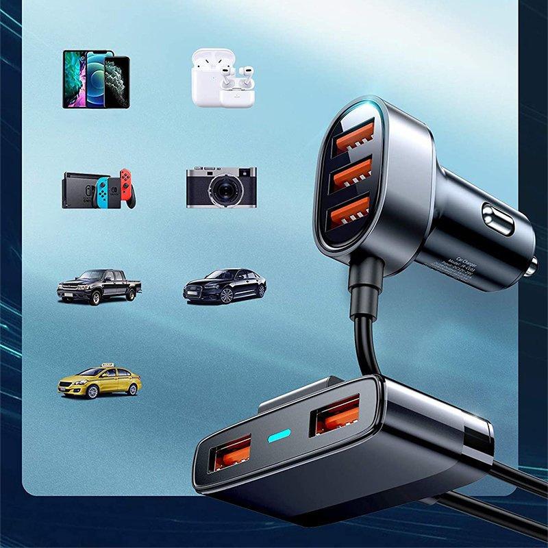 Joyroom 5-Port USB Car Charger with 6.2A Output & Extension Cable, Black (JR-CL03)
