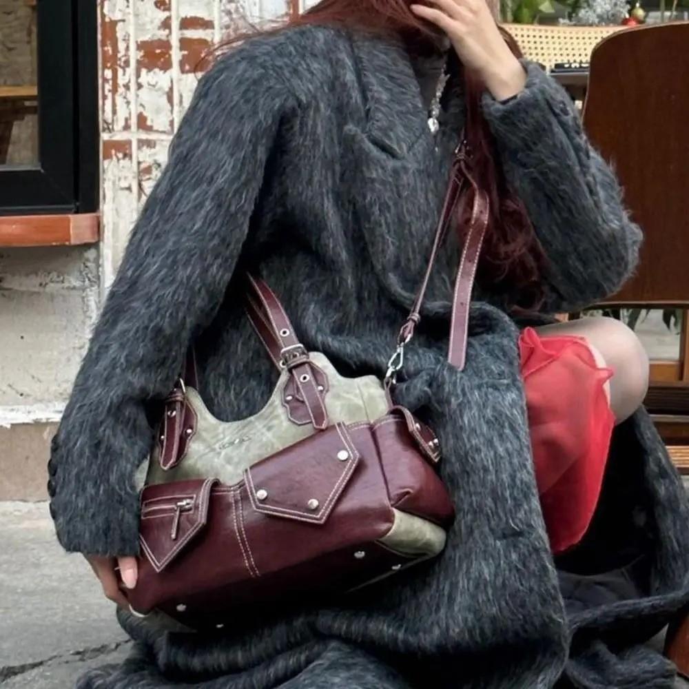 Crossed Color Women's Shoulder Bag with Denim Patchwork Armpit Handbag Crossbody Bag Casual Outing