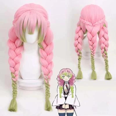 Perucă Cosplay Mitsuri Kanroji Kimetsu No Yaiba Lungă Roz Verde Rezistentă la Căldură Păr Peruci Autentice de Cosplay + Cască pentru Perucă