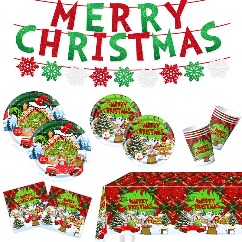 1Set Disposable Tableware Set Spoon X-mas Party Decorations Party Supplies Fork Happy New Year Paper Plates Merry Christmas