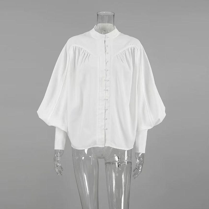 

European and American New Casual Style Texture Loose Stand Collar Lantern Sleeve Pleated Shirts Lantern Sleeve Shirt White S