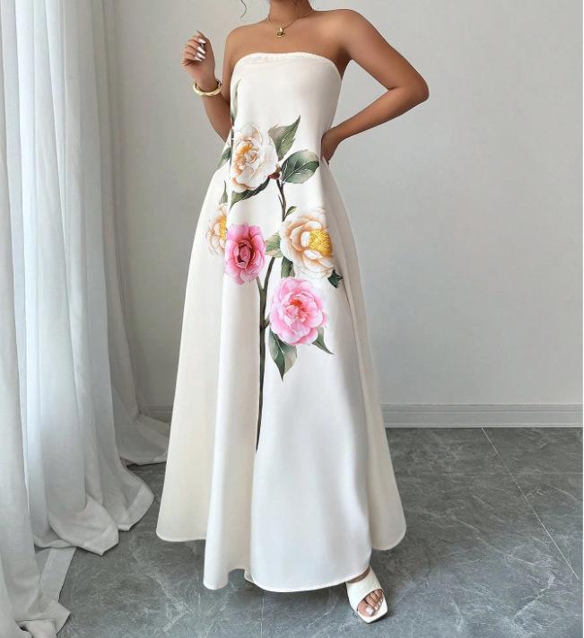 Summer European Style Fashion Casual Print Maxi Dress Women Clothing