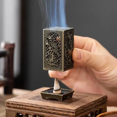 Chinese Style Creative Square Column Hollow Small Incense Burner Indoor Office Tea Room Incense Decoration Alloy Incense Burner