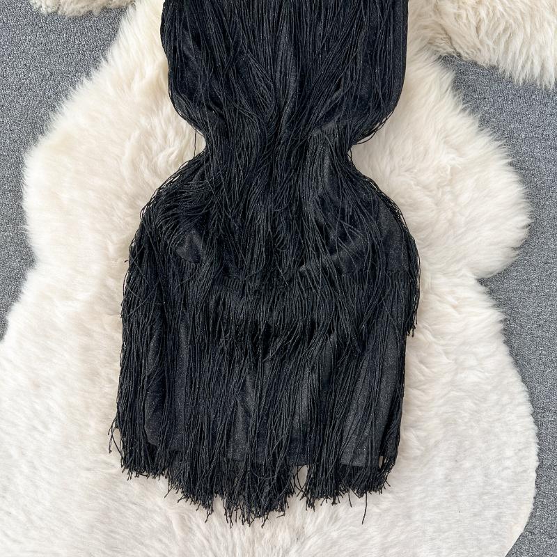 Sexy Quasten Patchwork Hohl Slip Kleid Frauen Sexy Backless Elegante Abend Party Kleider Vintage Dünne Mini Zeremonielle Kleid 2024 Neue