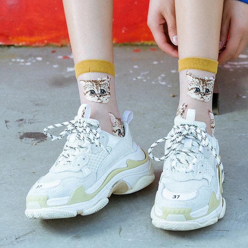 Women Transparent Cute Cat Socks Ladies Japanese Fashion Korean Trendy Summer Thin Crystal Silk Sock Glass Fiber Stocking