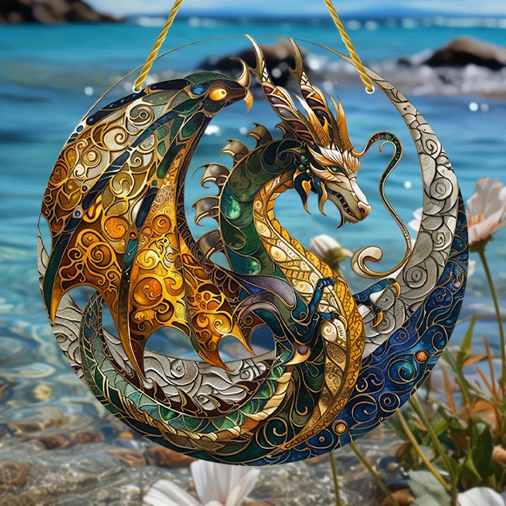 Dragon Sun Catcher. Circular stained glass plaque for wall or wreath decor. An artistic accent.