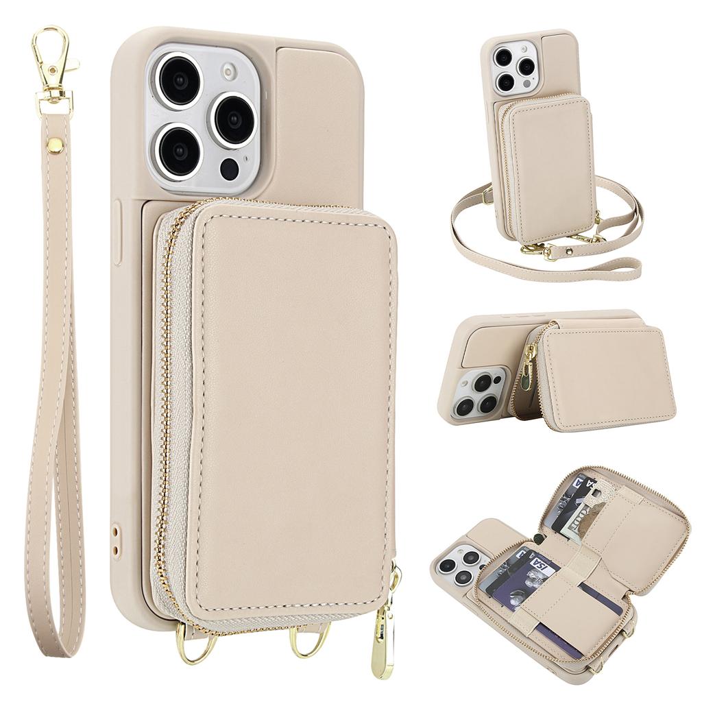 For iPhone 15 Pro Case RFID Blocking Zipper Wallet Leather + TPU Phone Cover with Shoulder Strap