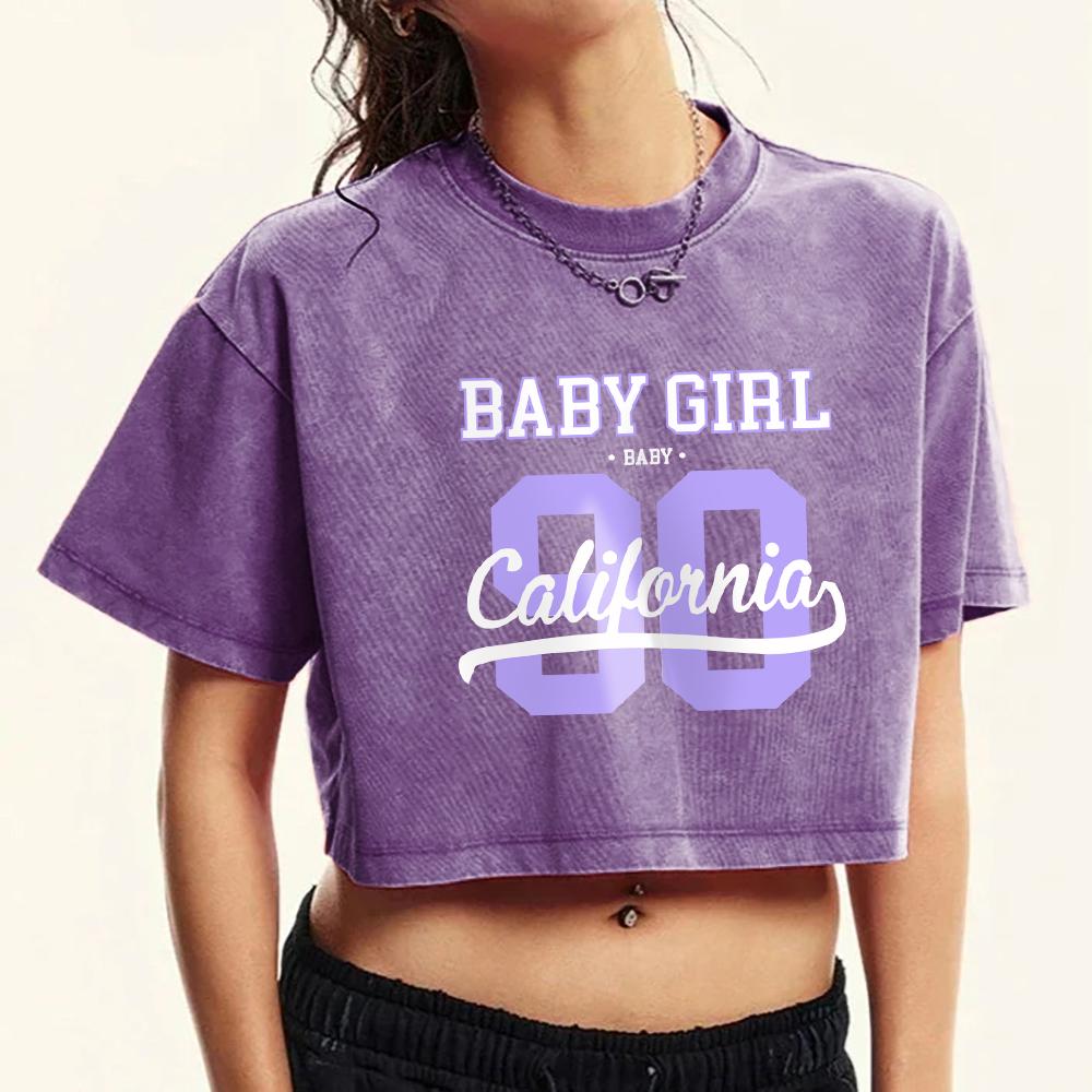 

90 California Letter Printed Washed Slim Tee Shirt Women Crop Summer T-Shirts Retro Streetwear Casual Cotton Top M