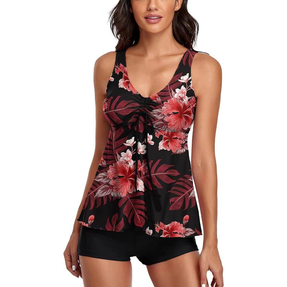 European and American Tankini Print Conservative Boxers Skirt Split Swimsuit