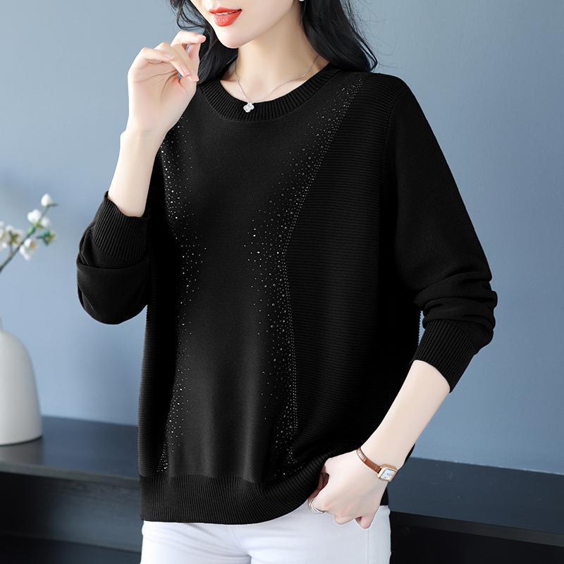 WTEMPO Women's Knitted Sweater Round Neck Sweater Mom Loose Knitted Long Sleeve Top