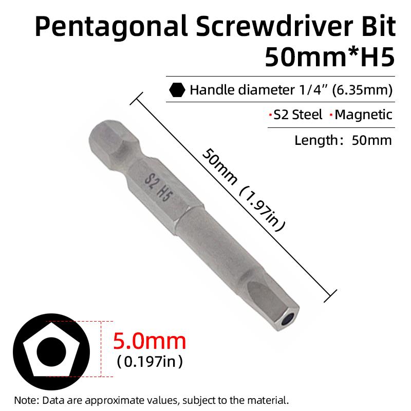 Set de biți magnetici pentagonali cu gaură Hex 1/4" Oțel S2 50mm Security Torx Biți de găurit Cheie cu clichet Unelte de mână