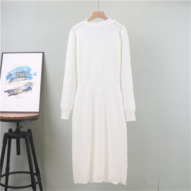 Autumn And Winter Knitted Dress For Women  V-Neck Tassel Solid Color Mid Length Skirt
