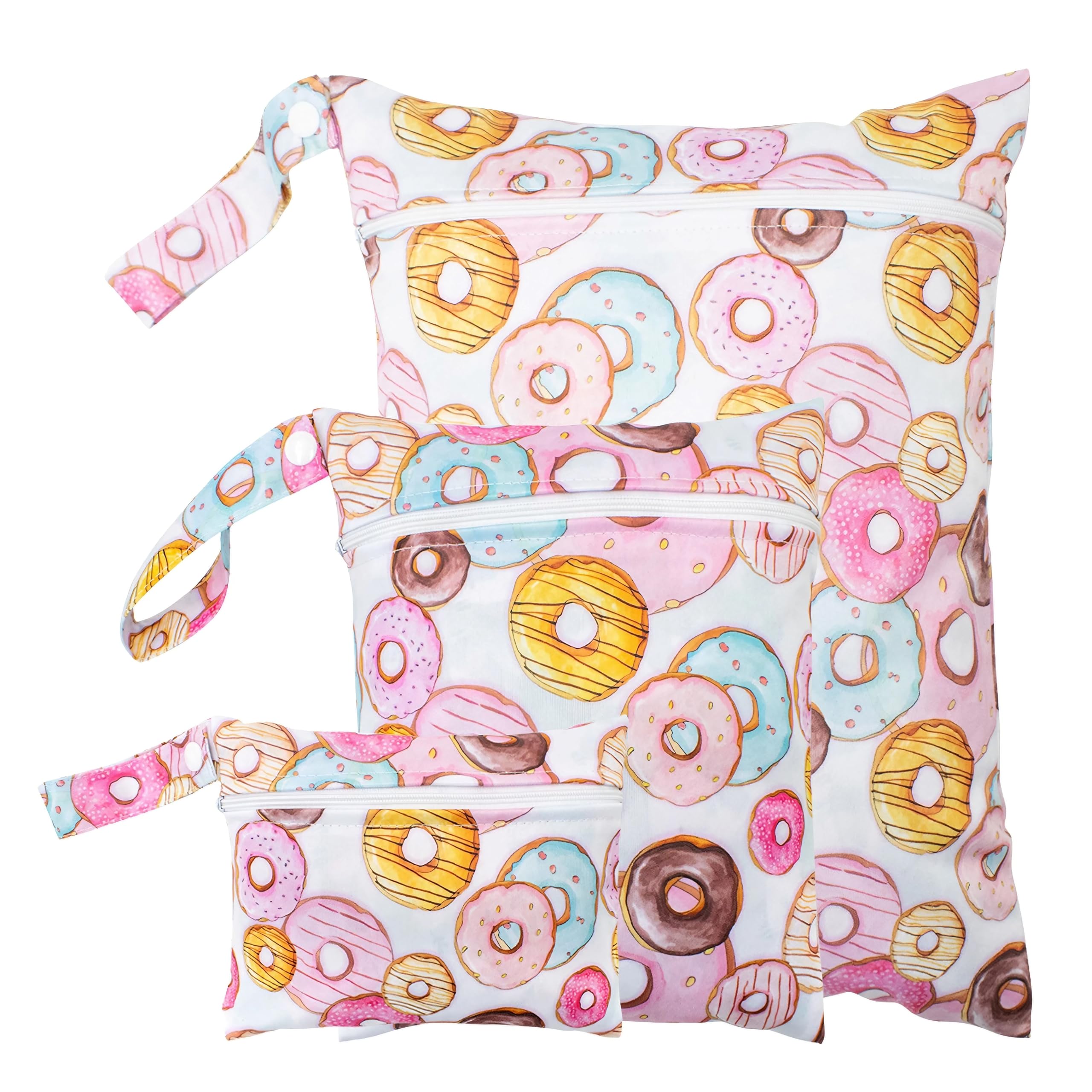 

East Leaf Набор водонепроницаемых сумок для подгузников, мокрых купальников, на кнопках, для коляски, 3 штуки, сумки, мешки, застежки, прикрепляемые, компактные, многоцелевые (Пончик