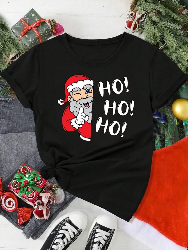 HO HO HO Christmas Hat Pattern Tshirt Loose Breathable Holiday Activities Shortsleeved Tshirt Unisex Women Unisex Casual Tops