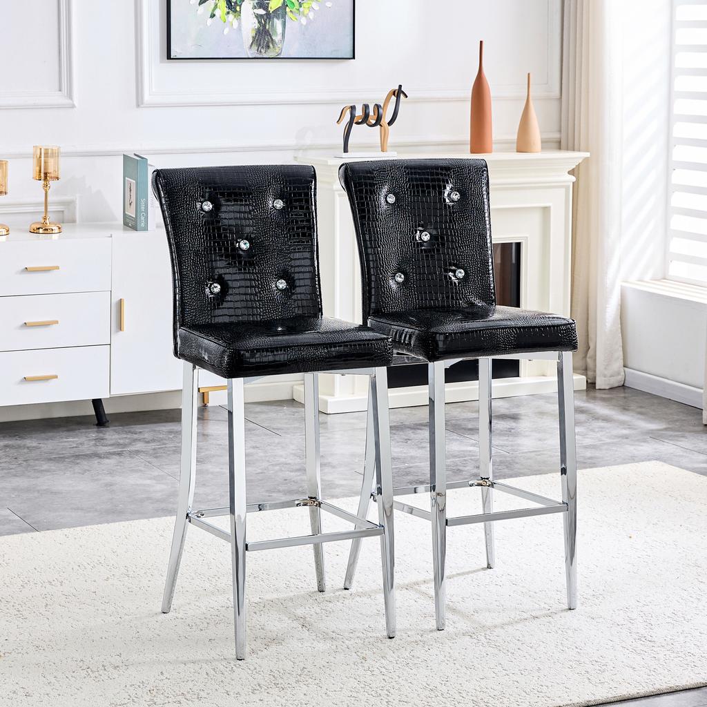 Bar Stools Set of 2, Black Crocodile Leather Look with Crystal Buttons, High-Back Kitchen Stools with Chrome Metal Legs, Kitchen Island Bar Counter