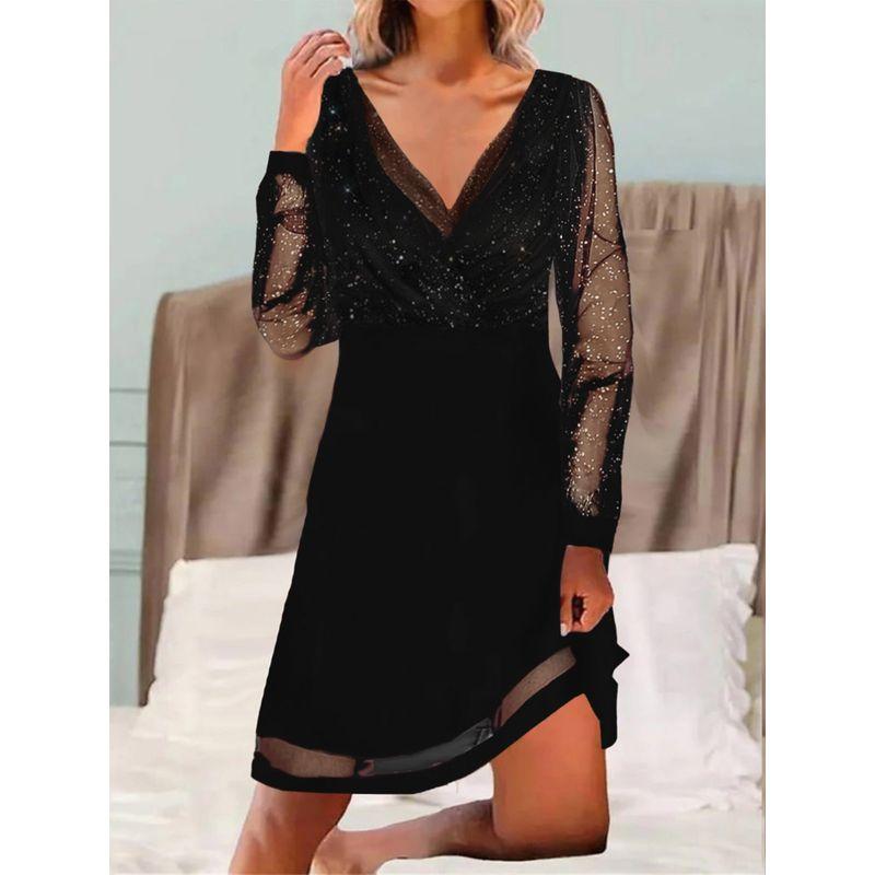 Spring & Fall New Arrival Fashion Wind V Neck Mesh Sequins Patchwork Loose and Stylish Long Sleeves Dress Dinner Dress Dress Dress