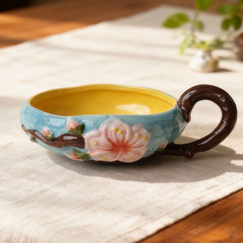 Japanese High-Temperature Ceramic Relief Peach Blossom Bowl, Handled Fruit, Salad & Snack Dish
