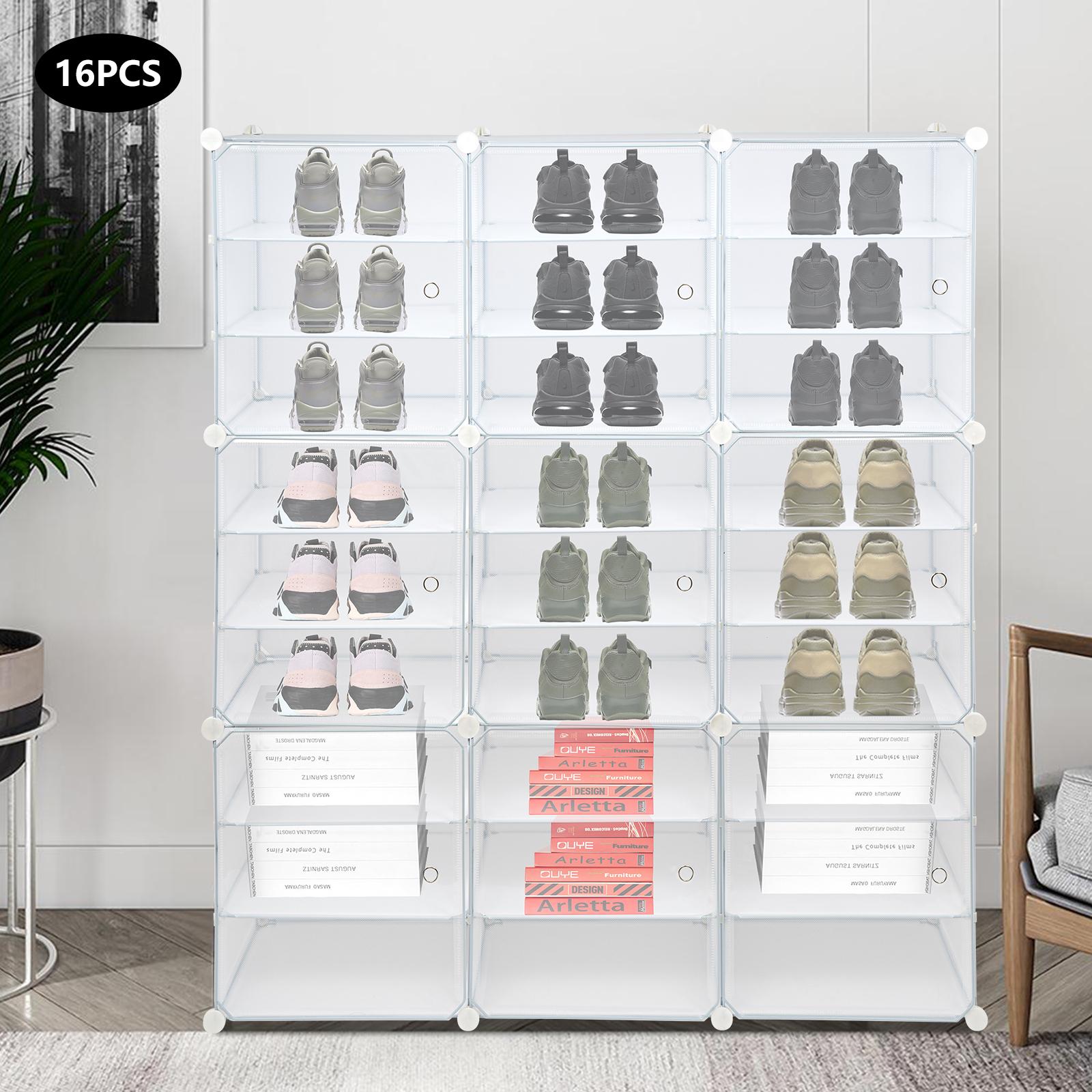 16PCS Shoe Storage Rack 22LBS Per Layer Stackable 3 Tiers with Clear Door Removable Partitions for Home Bedroom Porch bianco
