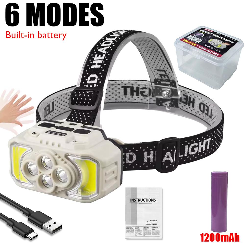 High Power LED Headlamp USB C Rechargeable Headlight 18650 Waterproof Head Lamp Cap Work Light Blue Red Flashing Emergency Light