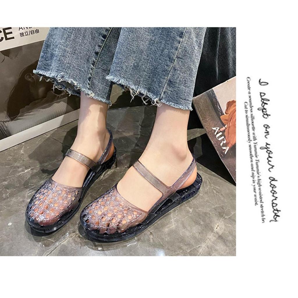 Gemstone Sparkling Jelly Mary Jane Shoes, Transparent Woven Hollow Flat Shoes, Waterproof and Non Slip, Cute Beach Pool Vacation Cooldown