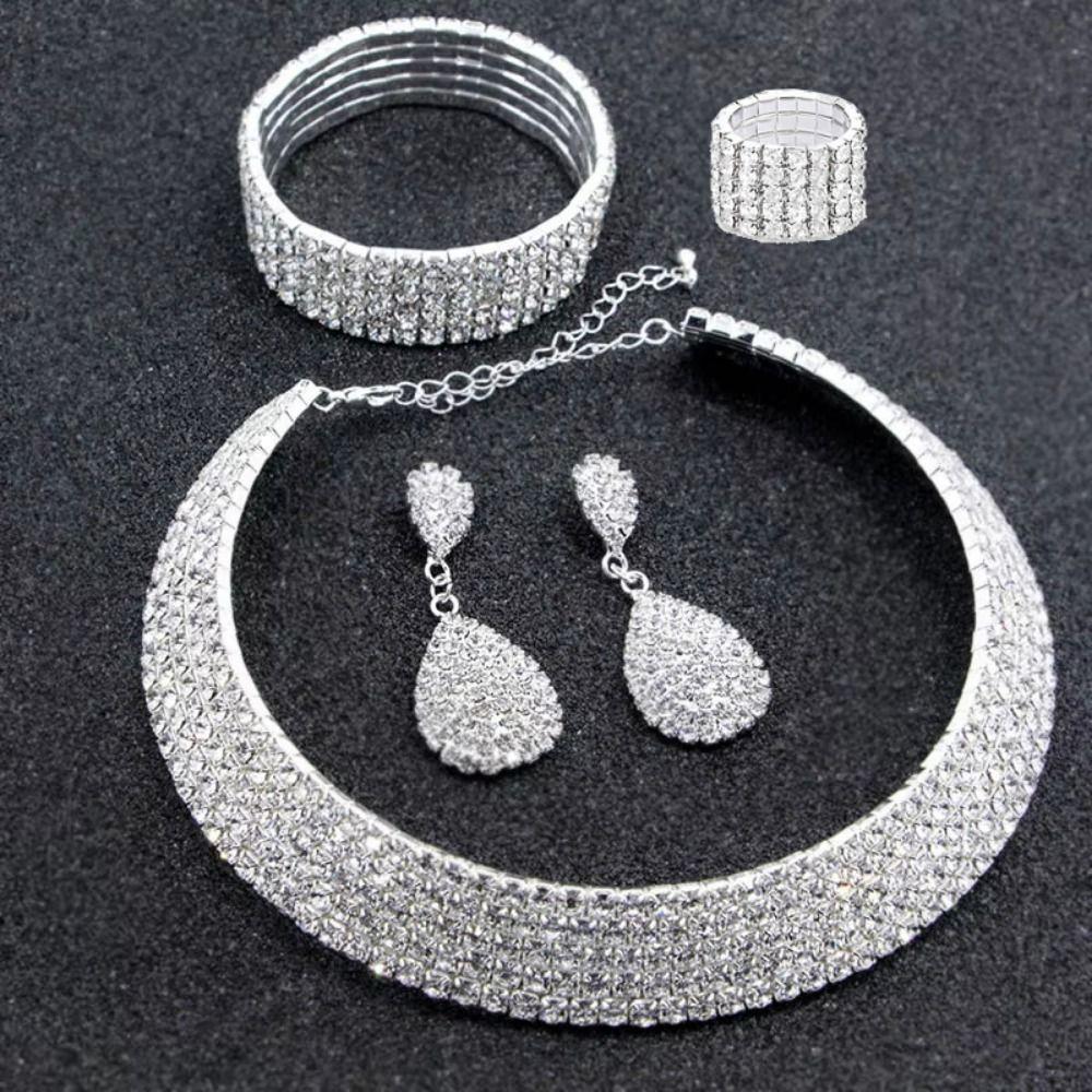 Shiny Necklace Bracelet Earring Ring Sets Luxury Rhinestone Choker Necklace  Formal Events