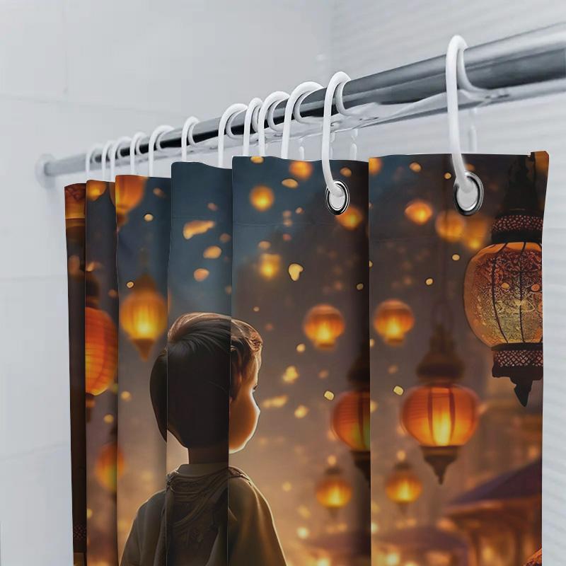 Boy and Lanterns Shower Curtain | Magical Night Bathroom Decor
