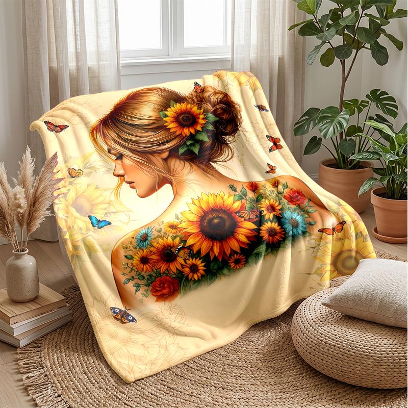 Sunflower and Butterfly Woman Theme Blanket Lightweight Warm Flannel Blanket Decorative Throw Blanket for Home Decoration