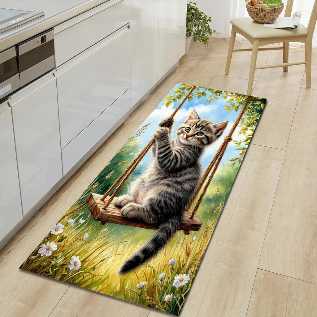 1Pcs Cute Cat Pattern Floor Mat Modern Kitchen Polyester Rug Non-Slip Colorful Indoor Carpet, For Home Bathroom Bedroom Living Room Decor