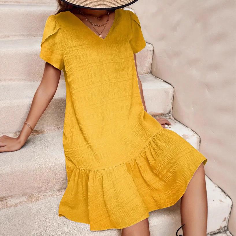 2026 V-Neck Solid Color Loose Casual Short-Sleeved Dress
