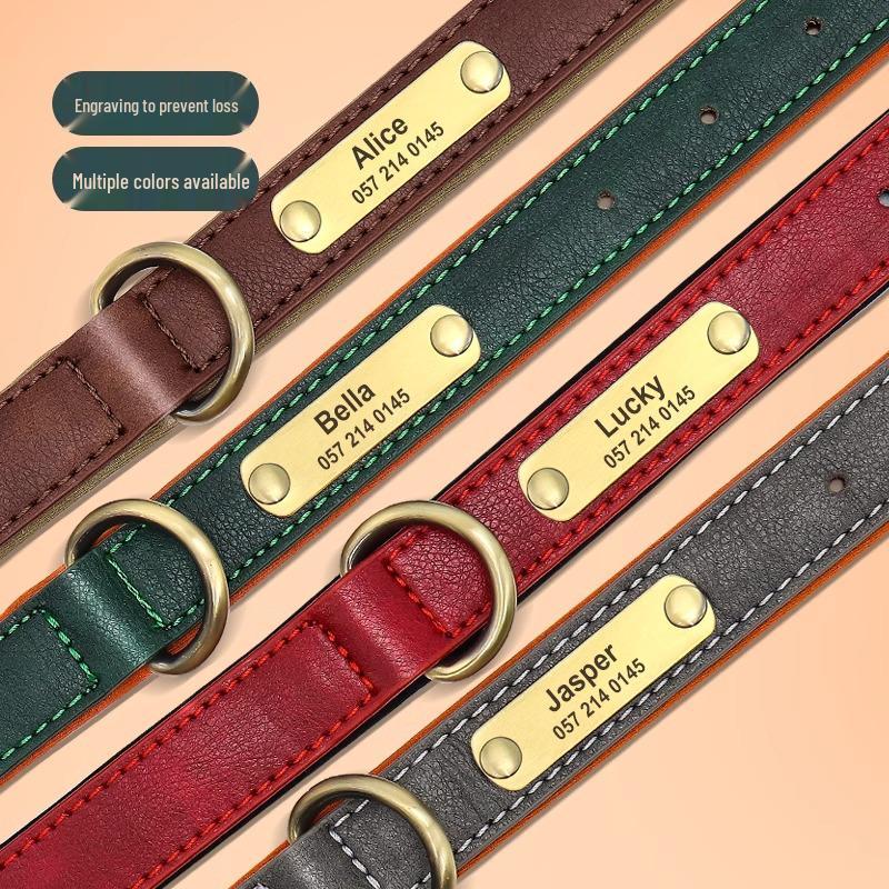 Laser-Engraved Leather Dog Collar with ID Tag for Small & Medium Dogs - Anti-Lost Pet Neck Band