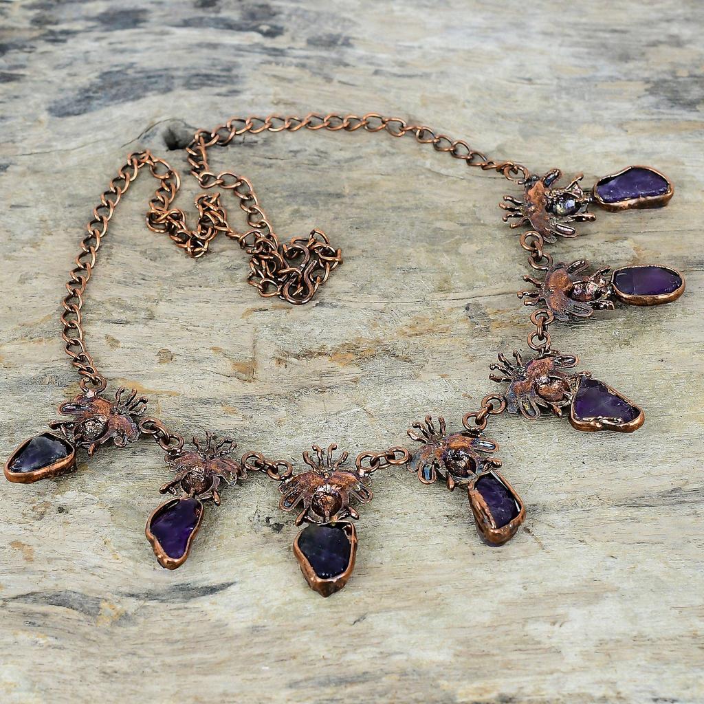 African amethyst rough necklace electroformed copper adjustable chain necklace honey bee necklace gemstone handmade jewelry gifts for women