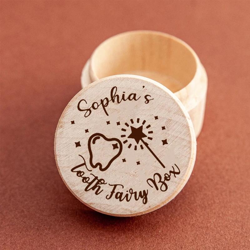 1PCS Free Personalized Tooth Fairy Wooden Box Round Tooth Fairy Holder Birthday Gift for Girls Boys Name Milk Tooth And Curl Box