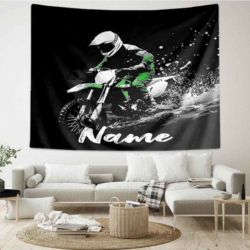 Custom Name Off-road Motorcycles Print Tapestry, Backdrop, Easy Setup, Ideal for Bedroom, Office & Living Room, with Aesthetic Wall Hanging Decor.