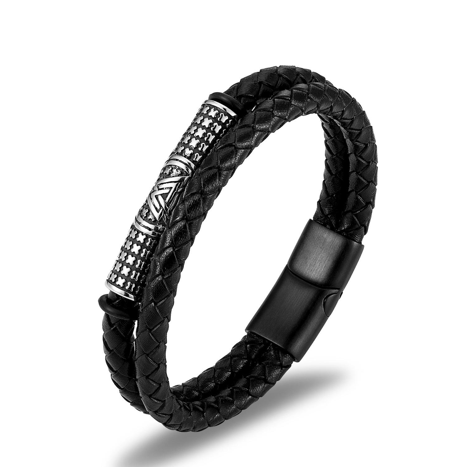 Source Nordic Viking Men s Titanium Steel Bracelet, Double Layer Braided Cowhide Rope Bracelet Spot
