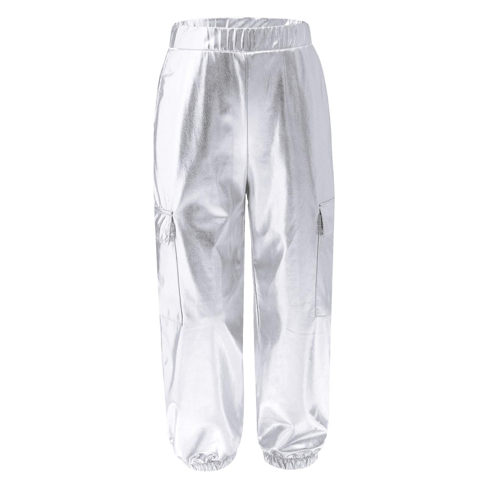 

Unisex Kids Metallic Shiny Pants Elastic Waistband Trousers with Pockets Hip Hop Dance Wear 5-6 Years