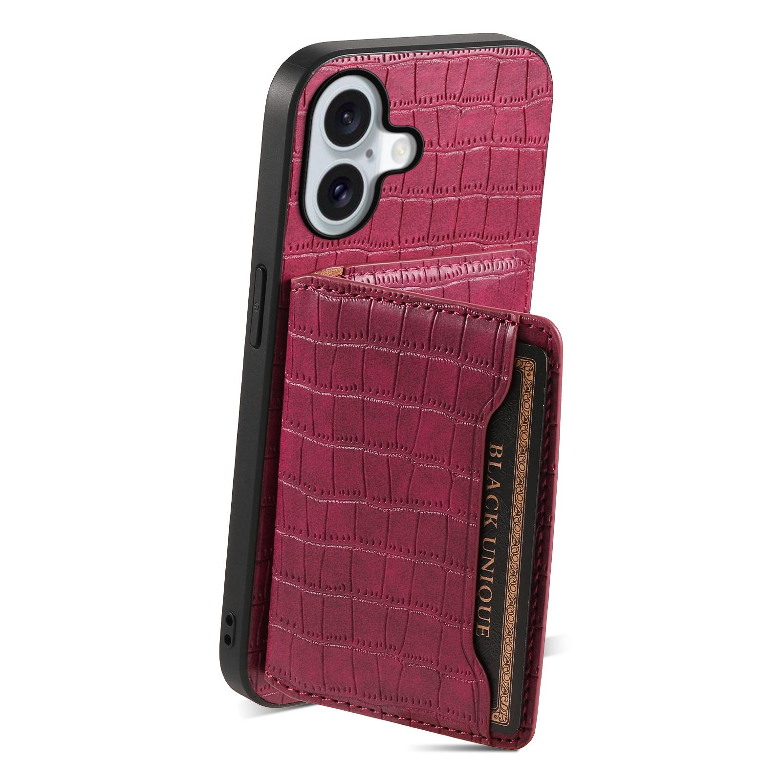 

For iPhone 16 Case Card Holder Kickstand Crocodile Texture Leather Back Phone Cover