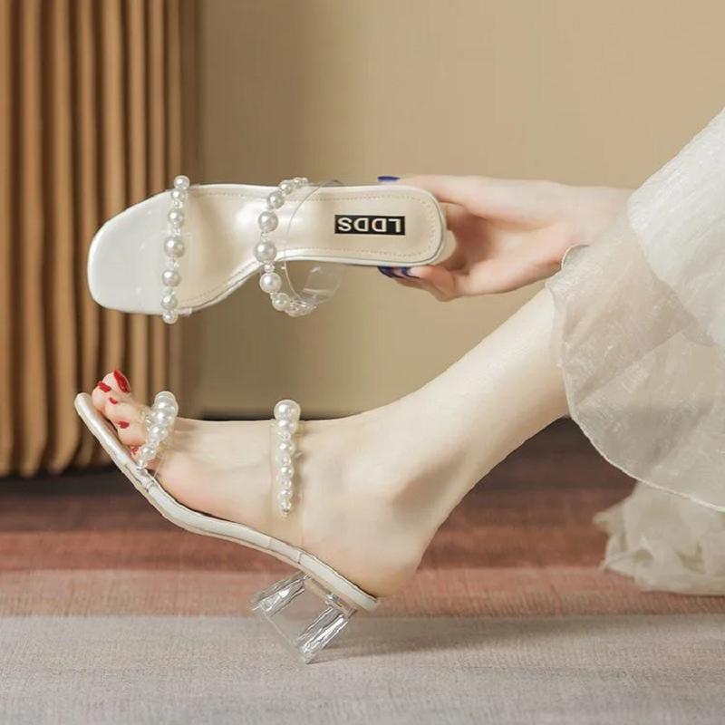 women fashion sweet light weight transparent pearl square heel sandal shoes lady classic comfort heel sandals ab633