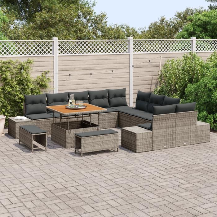 Ensemble de canapé de jardin 13 pièces avec coussins en poly rattan gris, Canapé de jardin 2 places avec rangement 3364788