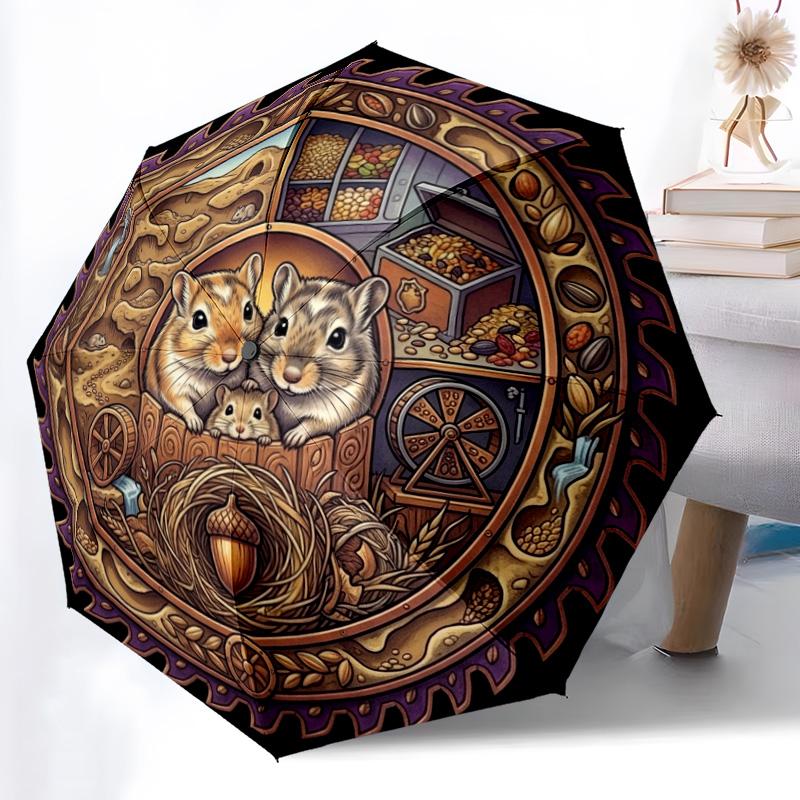 Hamster Harvest Circle pattern umbrella, portable and foldable design, 8 ribs, a casual accessory for Halloween, Christmas, and birthday gifts. разноцветный