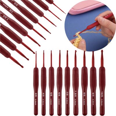 9pcs Red Crochet Set Kit Silicone Handle Crochet Hooks 0.6-2.75mm Crochet Needle Set Needles Sweater Weave Sewing Knitting Tool