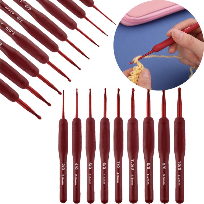 9pcs Red Crochet Set Kit Silicone Handle Crochet Hooks 0.6-2.75mm Crochet Needle Set Needles Sweater Weave Sewing Knitting Tool